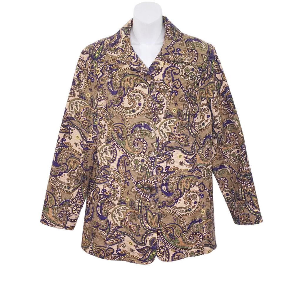 Coldwater Creek Jacket Women's Size Large Beige Purple Paisley Longer Blazer